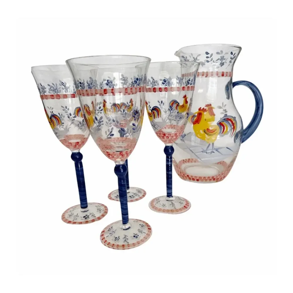 Hand Painted Rooster Glass Pitcher and 4 Glasses Set Cottage Farm Core